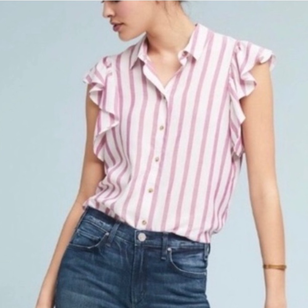 Anthropologie Maeve Blouse Top Stripes Ruffle Sleeve Pink White Size XS